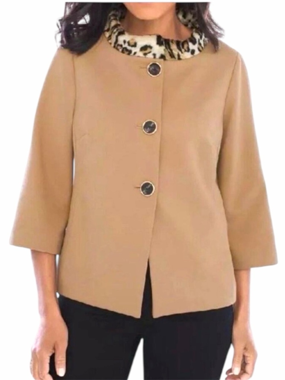 Chicos Tan Jacket with Leopard‎ Print Collar. flaw on back sleeve